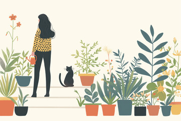 Gardening poster. Vector illustration of home gardening and trees for postcard or card.