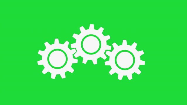 Three white gear icons shapes rotating work concept 2d animation green screen