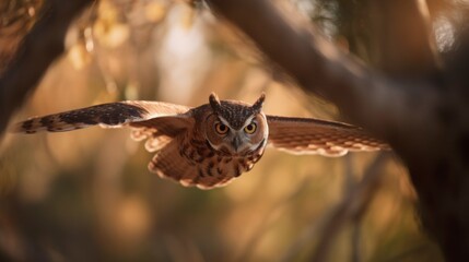 Obraz premium Owl in flight, wings outstretched, with a focus on its expressive eyes and detailed feathers, gliding through a forest setting under warm, natural light