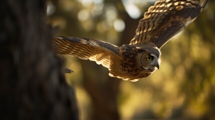Obraz premium Owl in flight, wings outstretched, with a focus on its expressive eyes and detailed feathers, gliding through a forest setting under warm, natural light