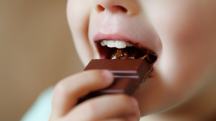 Close up shot of a child or kid eating or licking chocolate