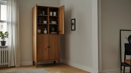A room with a wooden cupboard.generative.ai