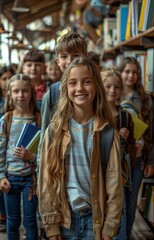 Fototapeta premium Joyful students with books and backpacks gather in a classroom, showcasing diversity and friendship