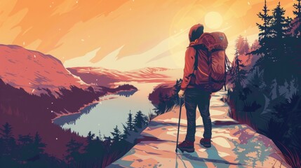 Fototapeta premium Design an image of a solo traveler with a backpack, exploring a remote trail, featuring rugged landscapes and a sense of solitude, highlighting the spirit of independent adventure. 