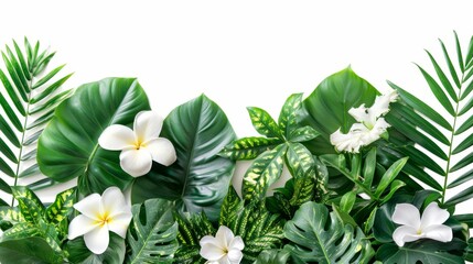 Green leaves of tropical plants, flower arrangement in the garden, nature backdrop, isolated on white background