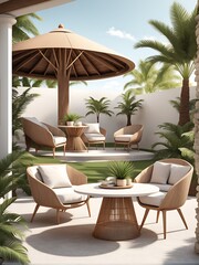 Obraz premium Terrace with outdoor furniture round table chairs gazebo and palm trees Exotic summer patio