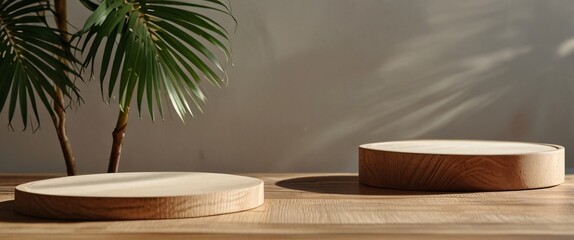 Minimal natural wood podium with green palm leaf with sunlight background. Minimal wooden stand for branding and packaging presentation