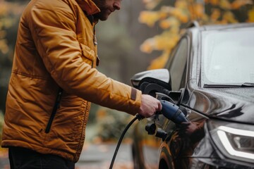 Fototapeta premium Man inserts a power cord into an electric car for charging in station