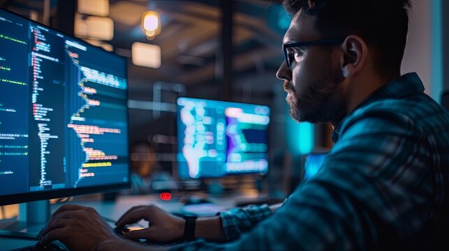 Programming JavaScript during an intense night, immersed in the comforting glow of the screen, where lines of code come to life with each keystroke. In this digital realm, time seems to stand still as