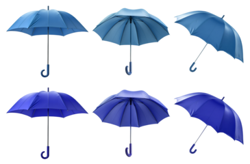 2 Set of dark light blue turquoise canopy umbrella parasol brolly, on transparent cutout PNG file. Many assorted different angles. Mockup template for artwork design