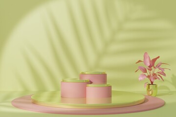 Summer product display podium with leaf shadow yellow wall background. 3D illustration