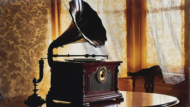 Vintage gramophone with intricate design, evoking a sense of nostalgia and classic elegance. Seamless looping 4k time-lapse virtual video background