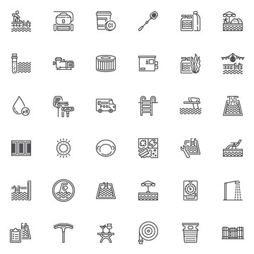 Pool service line icons set