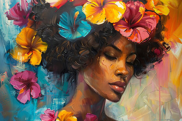 African american beautiful girl portrait with flowers, oil painting, paint strokes. Modern art. Artistic picture on colorful background