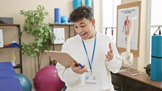 Young arab physio clinician's astounding win, celebrating all-round victory in workplace with a jubilant smile, cheerful expression, and exhilarating throw of hands