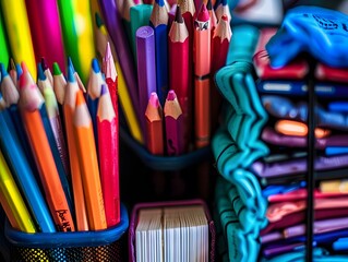 Obraz premium A colorful assortment of pencils and pens are displayed in a container