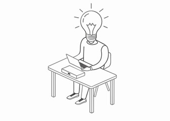 Continuous one line drawing of man with bulb as head reading book on the armchair. Bulb head reading book in single outline vector illustration. bulb head, idea concept
