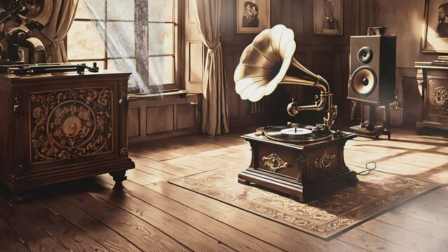 Vintage gramophone with intricate design, evoking a sense of nostalgia and classic elegance. Seamless looping 4k time-lapse virtual video background