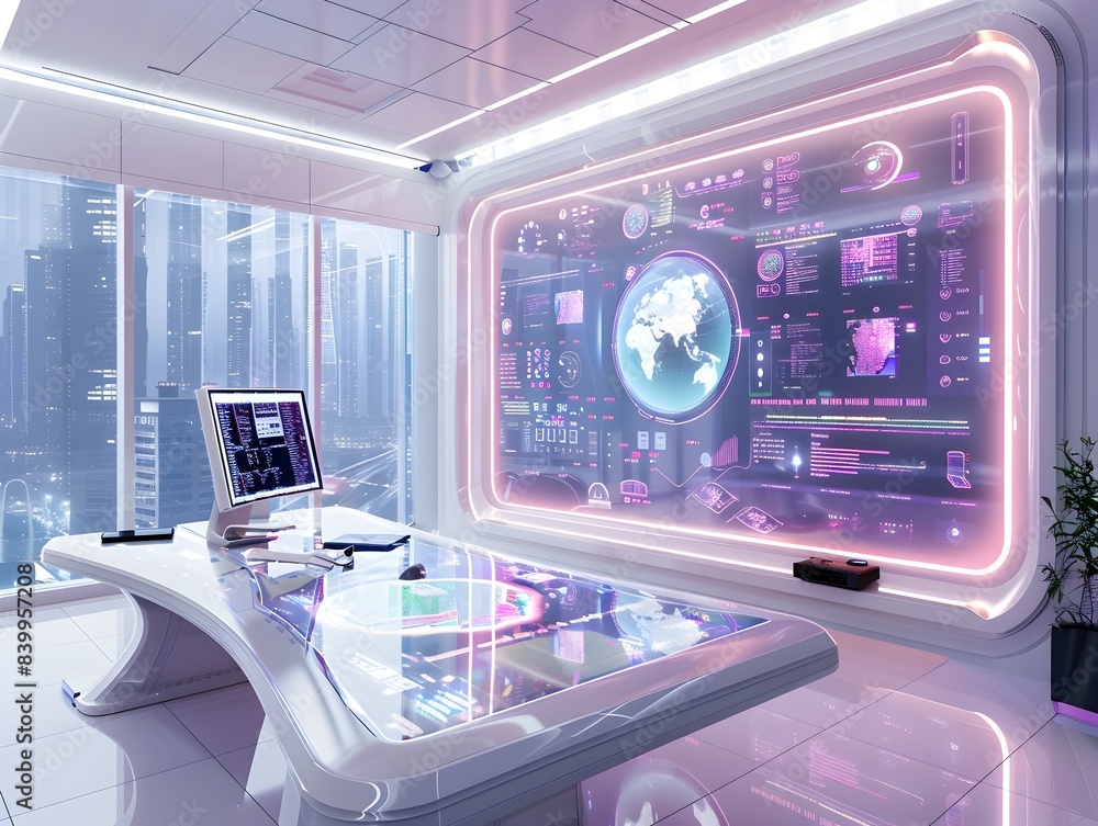 Poster futuristic workspace with holographic screens and smart devices tech savvy environment advanced tech
