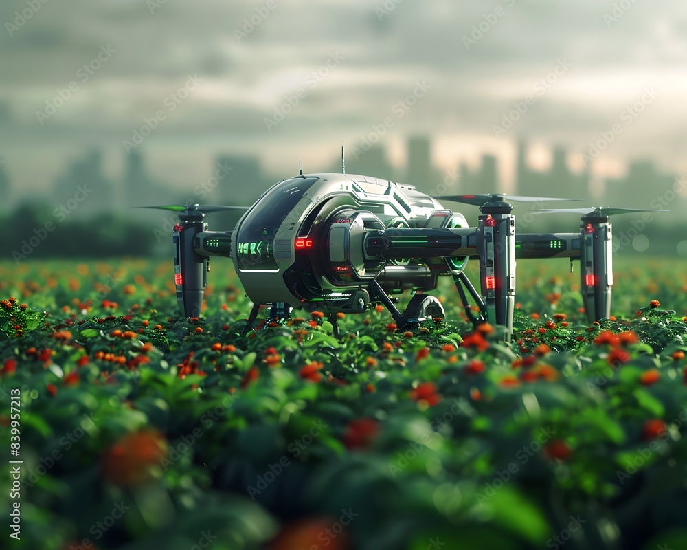 Poster smart agricultural automation with advanced drone technology for efficient farming in futuristic lan