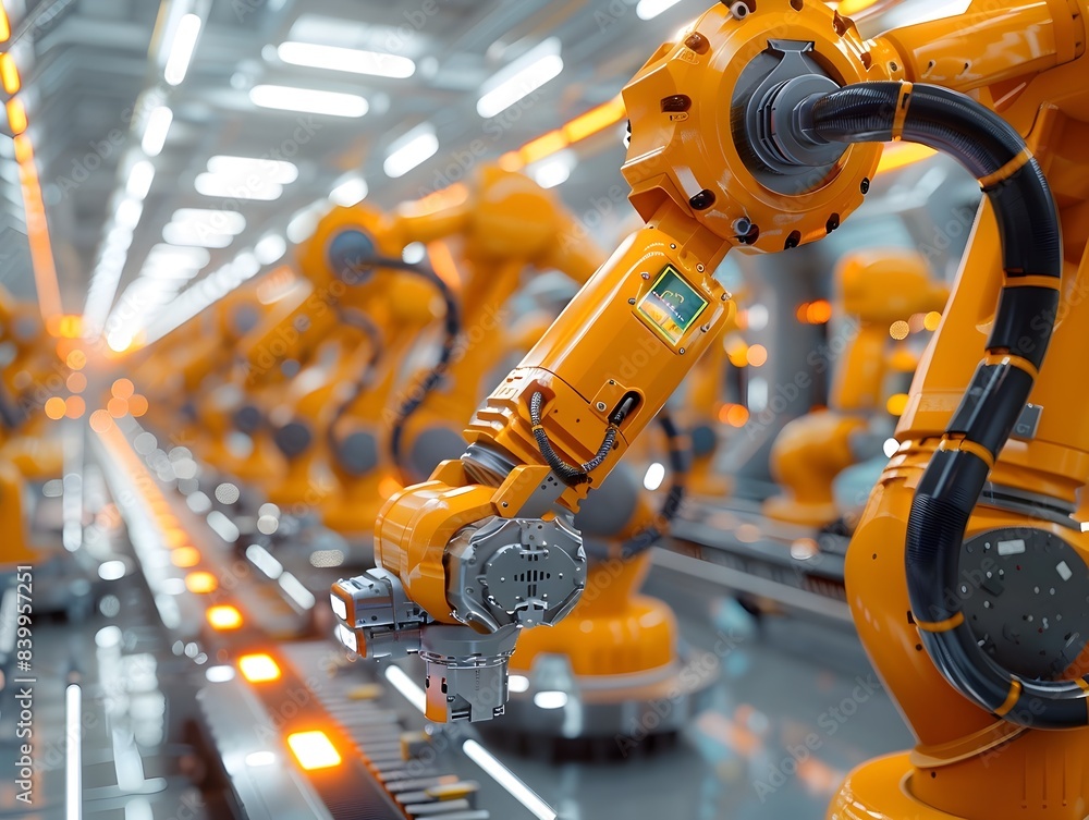 Poster robotic arms and automated assembly lines in a smart factory with advanced manufacturing technology
