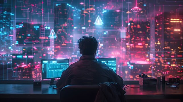 Futuristic Workspace with Holographic Screens and Digital Nomad Working Remotely