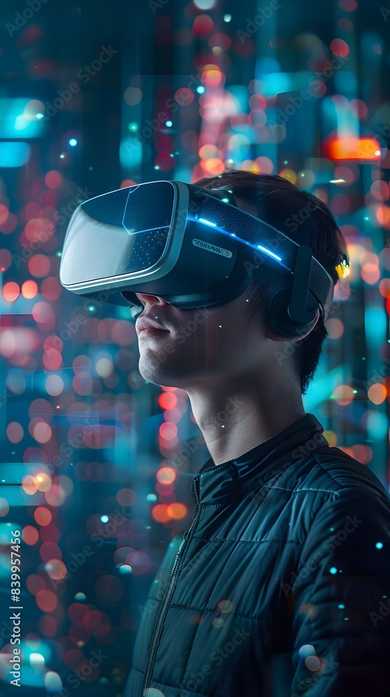 Poster business professional using vr headset for immersive data visualization in futuristic office setting