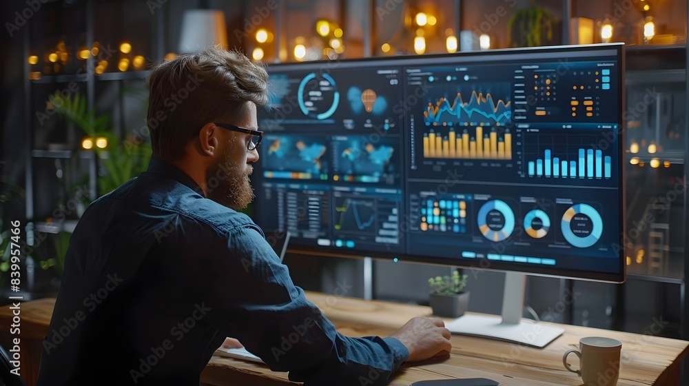 Poster business analyst presenting digital data trends using analytical dashboard on multiple screens in hi
