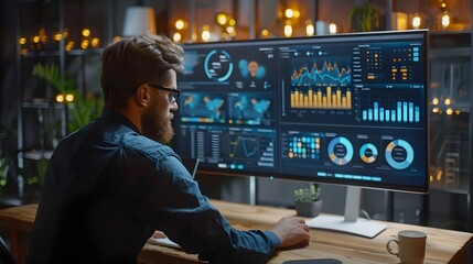 Business Analyst Presenting Digital Data Trends Using Analytical Dashboard on Multiple Screens in High Tech Office Environment