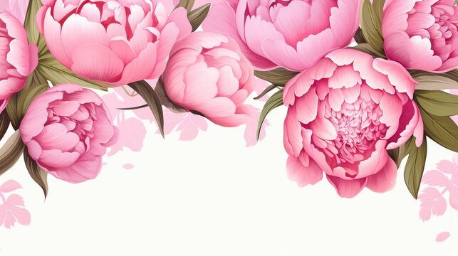 Beautiful pink peony flowers border on a white background, perfect for a spring or summer themed design.