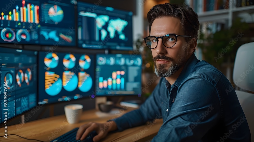 Poster focused business analyst reviewing data visualizations on multiple screens in modern tech office