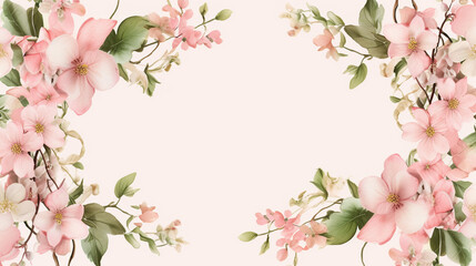 Fototapeta premium Elegant floral frame with pink flowers and green leaves on a soft beige background, perfect for invitations and greeting cards.