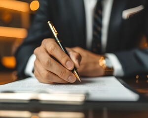 Businessman Signing Contract in Professional Office with Legal Documents