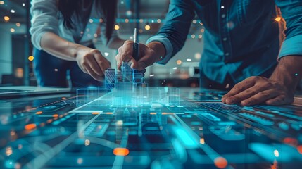 Team of Engineers Collaborating on Technical Project with Blueprints and Models