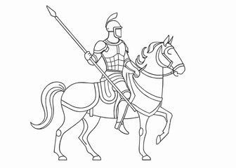Fototapeta premium Continuous one line drawing of roman knight ridding horse with spear. Gladiator riding horse and holding spear single outline vector illustration