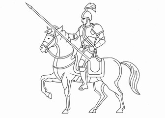 Fototapeta premium Continuous one line drawing of roman knight ridding horse with spear. Gladiator riding horse and holding spear single outline vector illustration