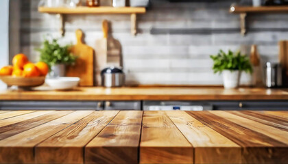 Empty Beautiful wood table top and blurred modern kitchen interior background in clean and bright, Ready for product montage