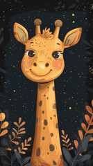 Fototapeta premium Cute cartoon giraffe on a dark background.
