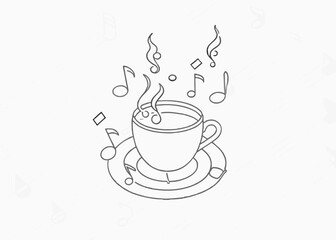 Continuous one line drawing of a cup coffee with music notes. A cup of coffee line art vector illustration, food and beverage vector concept.