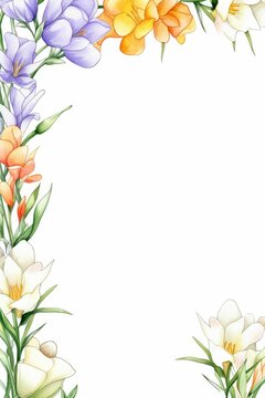 freesia themed frame or border for photos and text. iwith fragrant blooms in various colors. watercolor illustration, white color background. 