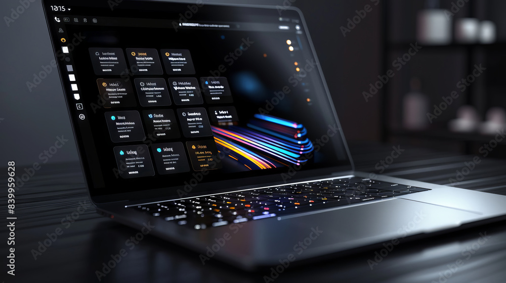 Aufkleber a laptop with a dark screen displaying colorful data, open on a desk in a dimly lit room. the screen
