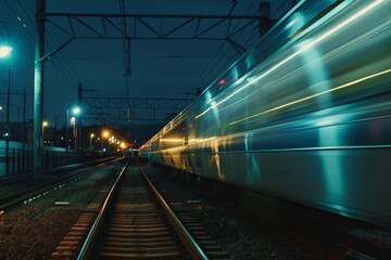 Fototapeta premium a train moving at night, with light trail.