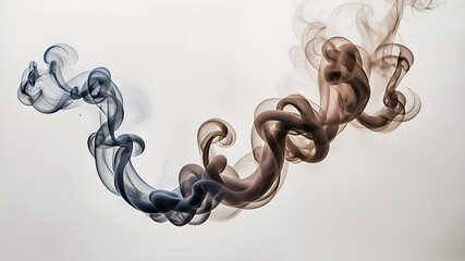 Movement of smoke swirls gracefully for the background.Dark and mysterious black smoke swirls and twirls hypnotically against a pristine white backdrop, creating an enigmatic tableau of contrast 