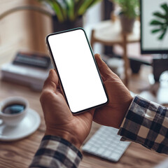 Hand holding blank white screen phone, close up, office desk with coffee cup and laptop.