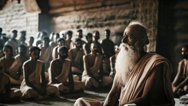 An Indian old sadhu sitting under a tree with a group of disciples