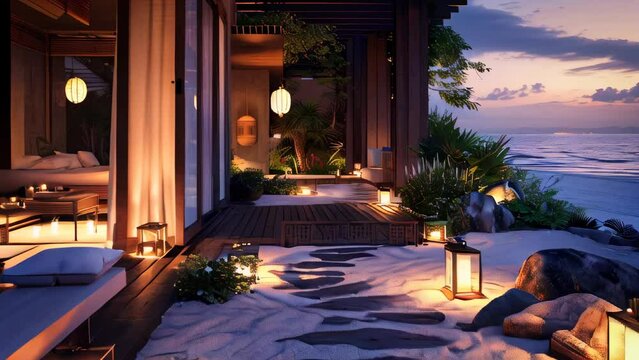 A beach house with candles and lanterns under moonlight, romantic atmosphere