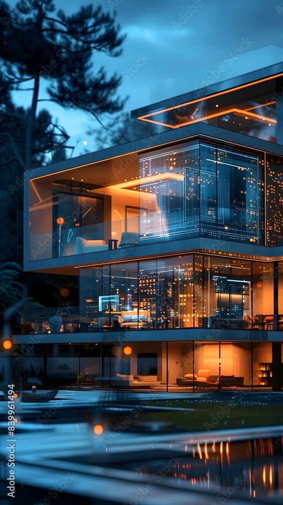 Poster futuristic smart home with holographic interfaces and advanced automation in nature landscape