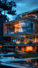 Obraz premium Futuristic Smart Home with Holographic Interfaces and Advanced Automation in Nature Landscape