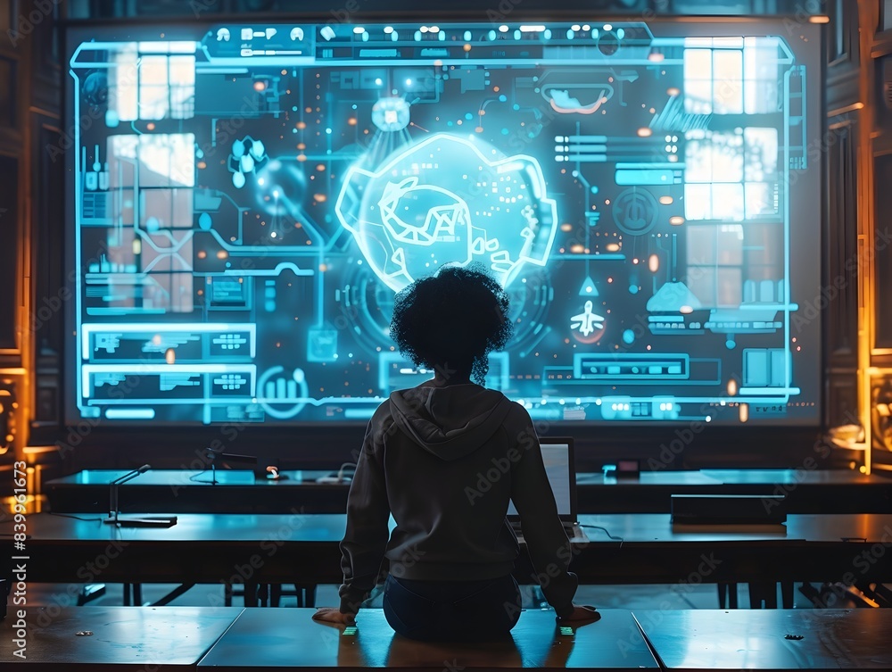 Poster futuristic virtual classroom with holographic student displays for interactive education and learnin