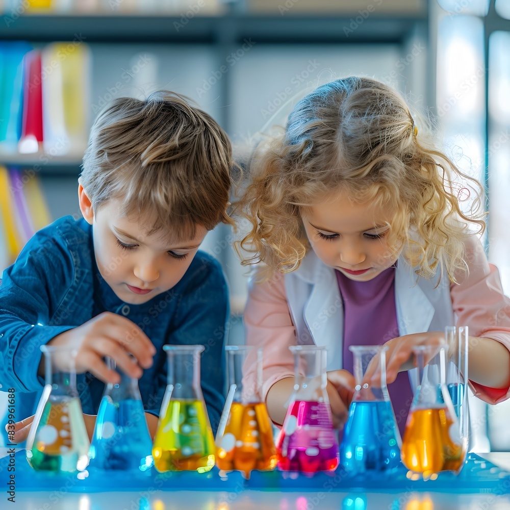 Poster children exploring bright colorful science experiments in learning lab